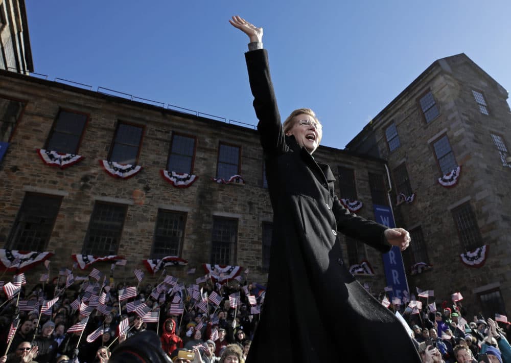 Sen. Elizabeth Warren, D-Mass., waves to supporters as she takes the stage during an event to formally launch her presidential campaign, Saturday, Feb. 9, 2019, in Lawrence, Mass. (Elise Amendola/AP)