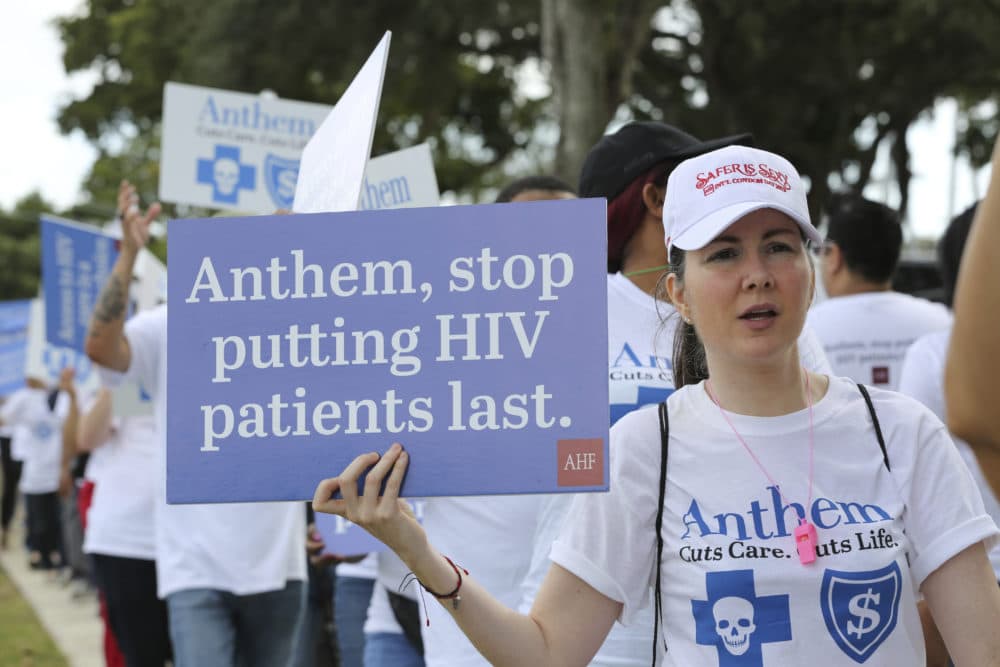 Over 125 community advocates join AIDS Healthcare to protest against Anthem Insurance Company given their denying close to 2,000 HIV+ patients in South Florida access to choose the life-saving healthcare on Tuesday, Feb. 12, 2019 in Miami. (James McEntee/AP Images for AIDS Healthcare Foundation)