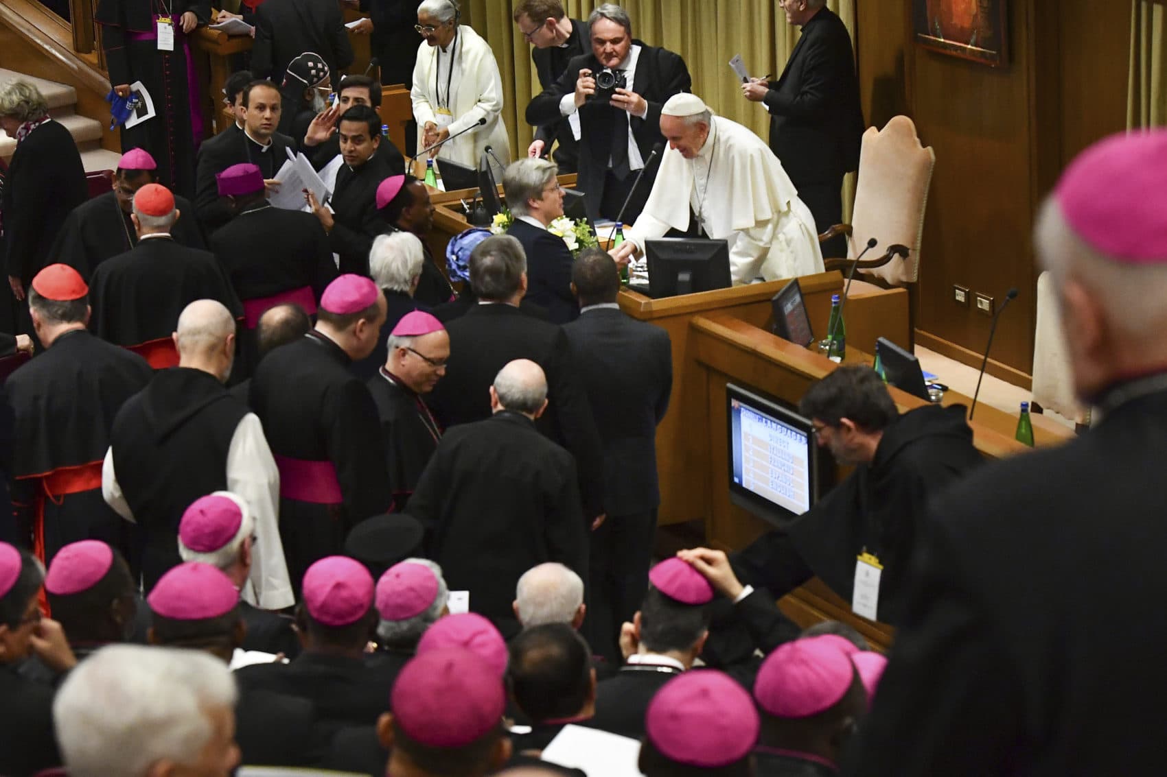 Pope Francis greets bishops as he arrives for a sex abuse prevention summit, at the Vatican, Thursday, Feb. 21, 2019. (Vincenzo Pinto/Pool Photo via AP)