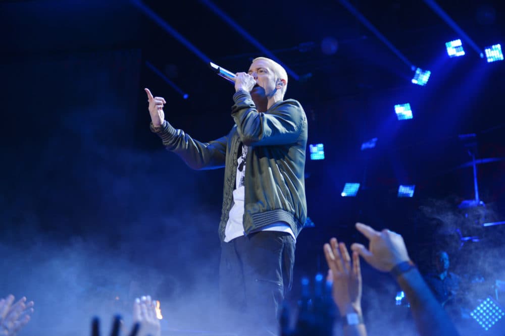 Eminem performs on stage at the MTV Movie Awards, on Sunday, April 13, 2014, in Los Angeles. (John Shearer/Invision for MTV/AP Images)