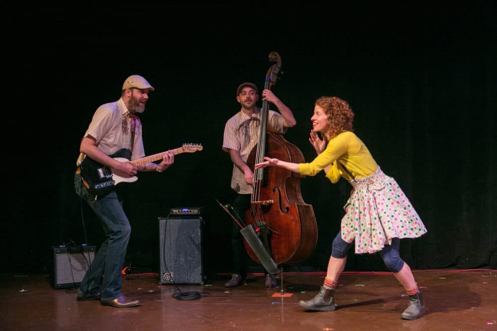 Brendan Burns, Tony Leva and Bonnie Duncan rehearse for &quot;Go Home Tiny Monster.&quot; (Courtesy Richard Termine/The Gottabees)