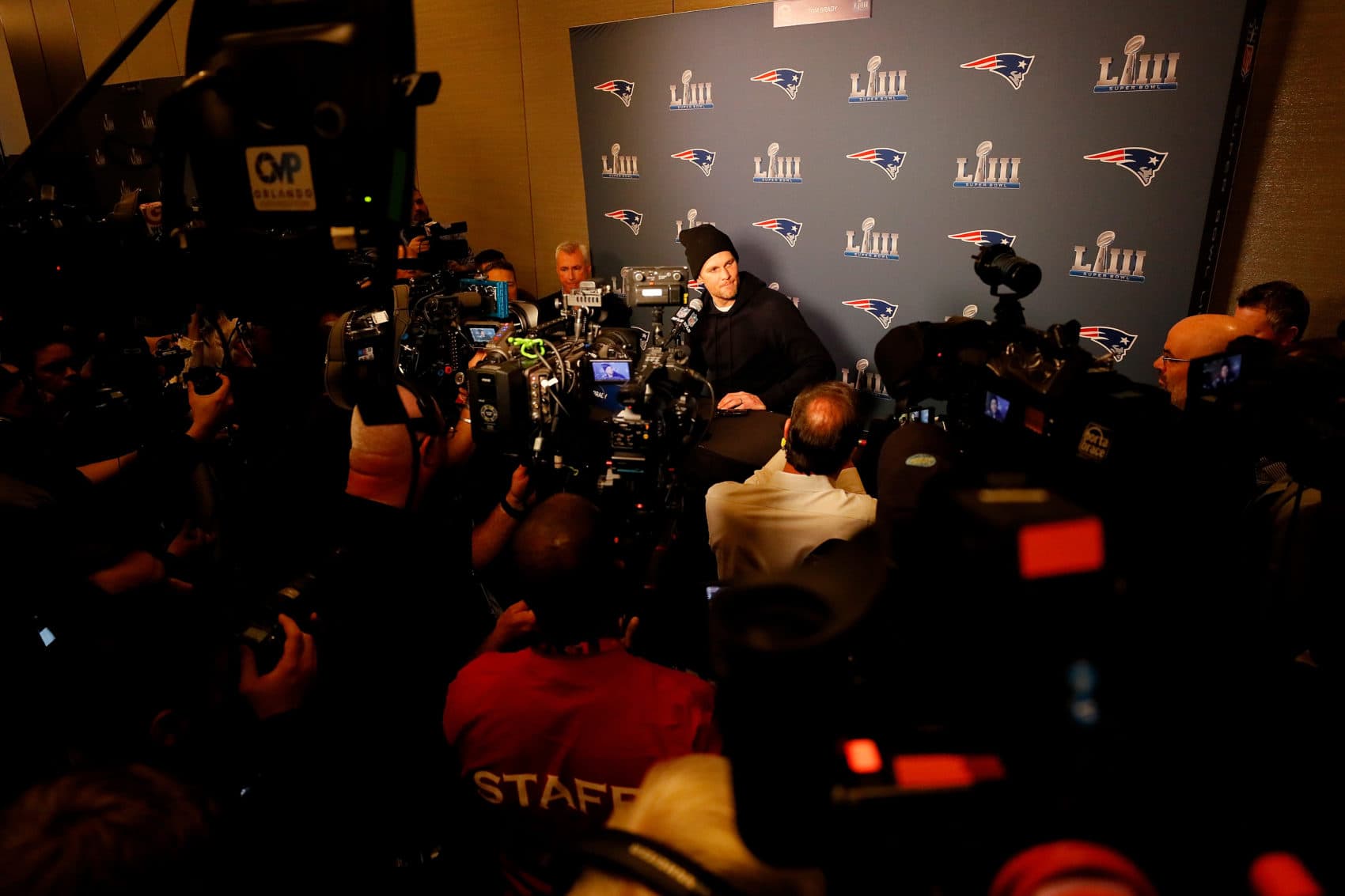 Tom Brady speaks to the media before Super Bowl LIII. (Kevin C. Cox/Getty Images)