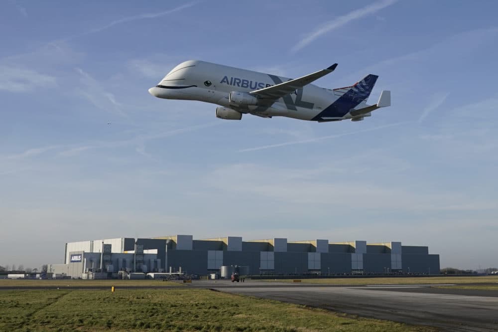 A new Airbus Beluga XL comes in to land at the Airbus Broughton wing assembly plant on February 14, 2019. Airbus has announced that it will cease to manufacture it's A380 passenger jet. (Chris Furlong/Getty Images)