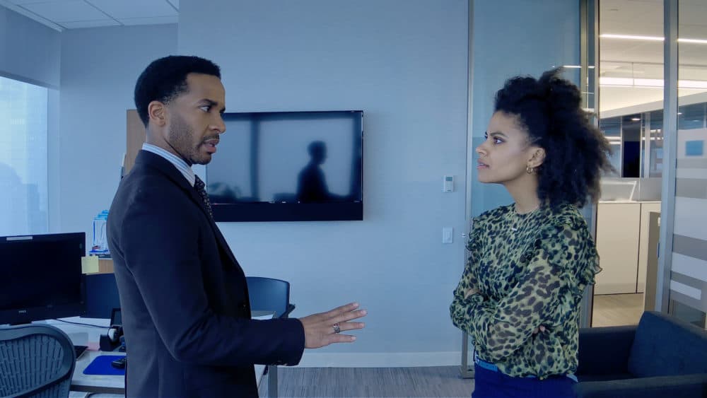 André Holland as Ray Burke and Zazie Beetz as Sam in &quot;High Flying Bird,&quot; directed by Steven Soderbergh. (Courtesy Peter Andrews/Netflix)