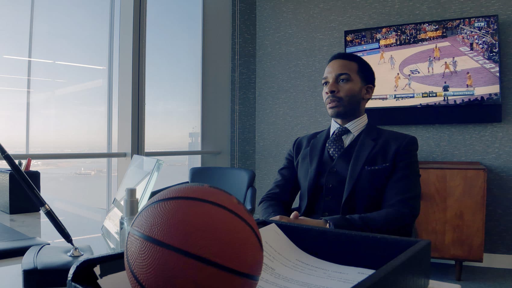 André Holland as Ray Burke in &quot;High Flying Bird,&quot; directed by Steven Soderbergh. (Courtesy Peter Andrews/Netflix)
