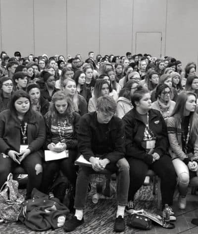 Student journalists listen to Sarah Lerner, the yearbook advisor at Marjory Stoneman Douglas High School in Parkland, Florida. Students were in Chicago attending the National Scholastic Press Association's fall conference, Nov. 2018. (Courtesy of the author)