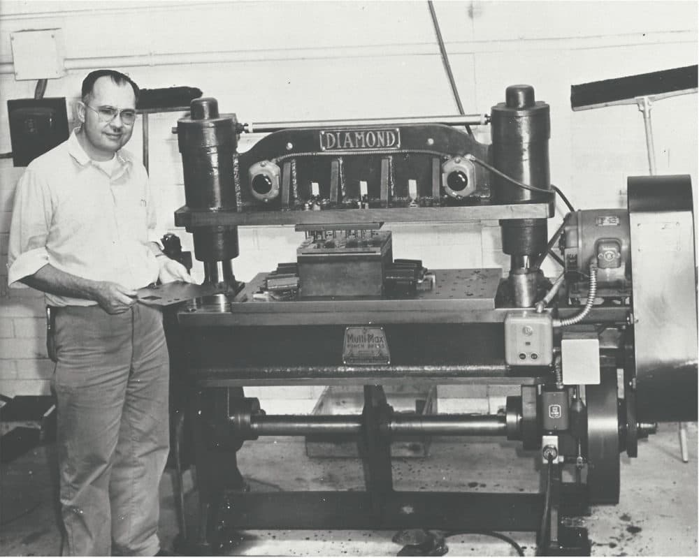 Leo Fender stands with a Diamond punch press in 1950. (Courtesy of Richard Smith)