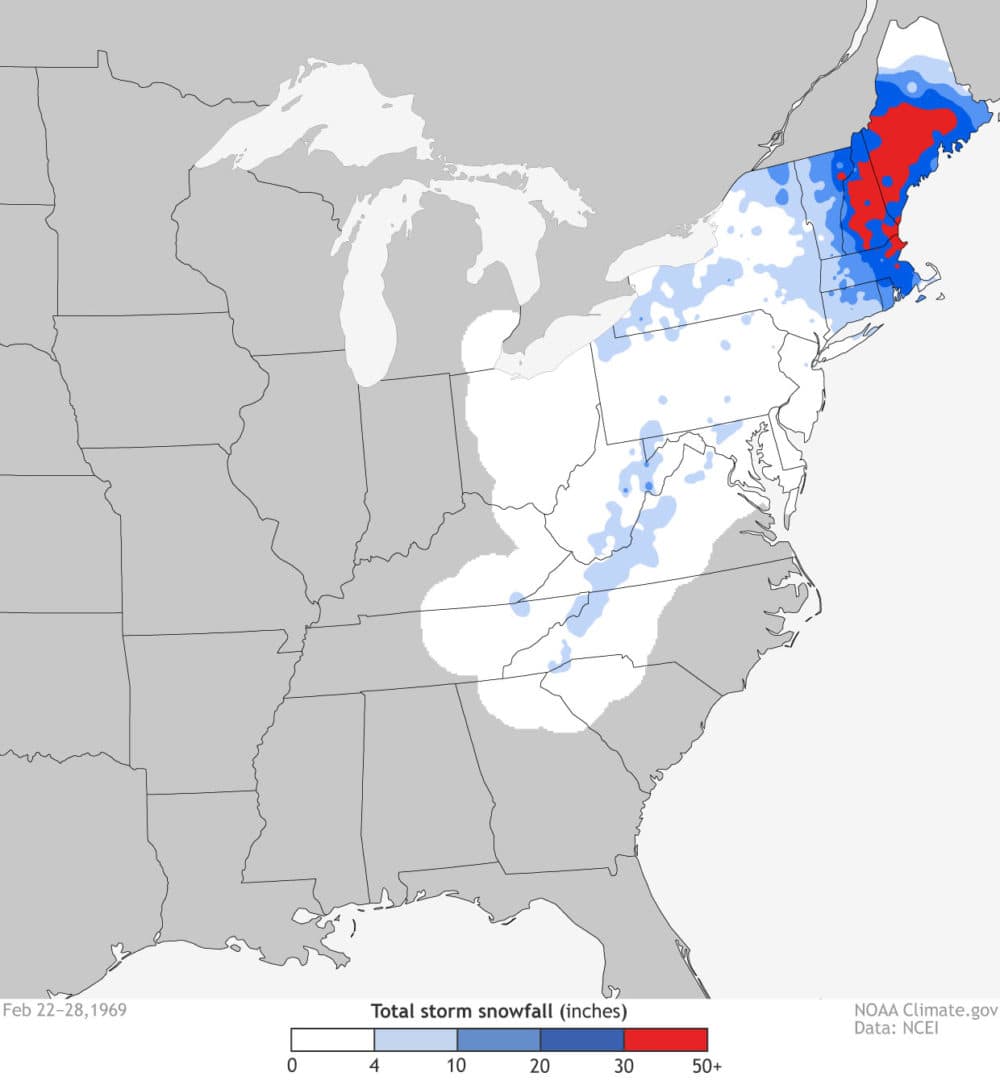 Snowfall amounts for the &quot;100-Hour Snowstorm&quot; of 1969, which put down more than 30 inches of snow across a large part of New England (Courtesy of NOAA)