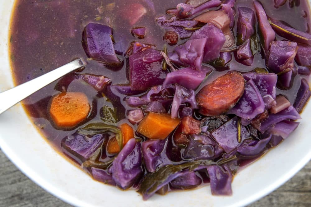 Kathy's cabbage, potato, root vegetable and sausage soup. (Jesse Costa/WBUR)