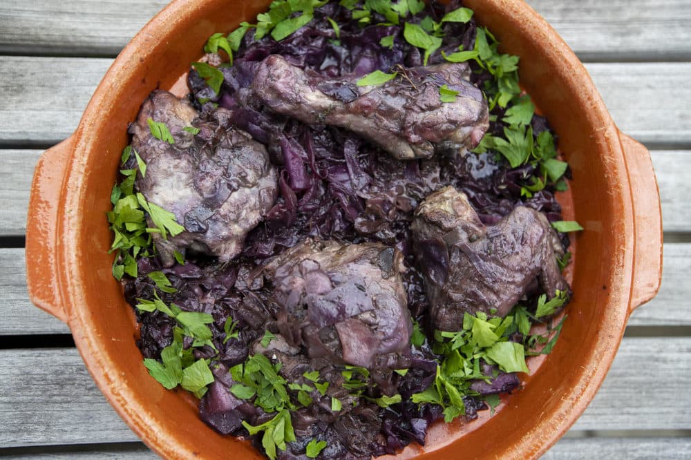 Braised red cabbage and chicken, from chef Kathy Gunst. (Jesse Costa/WBUR)