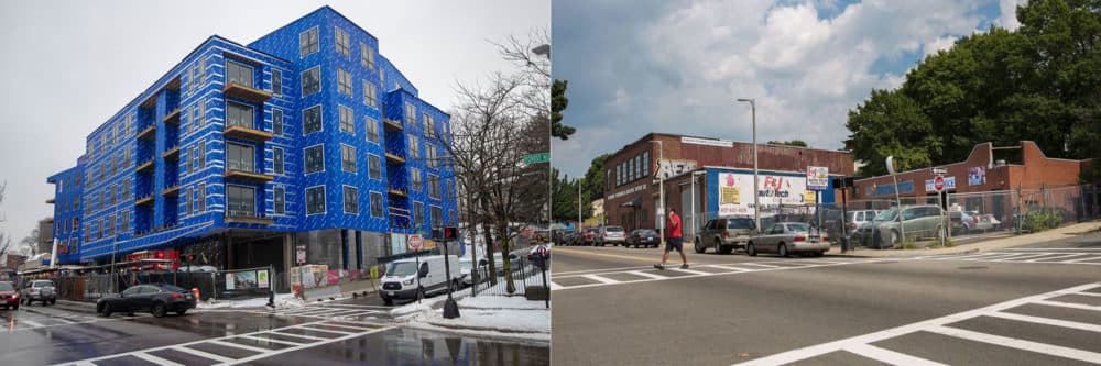 3200 Washington St., today, left, and back in 2015 (Jesse Costa/WBUR)