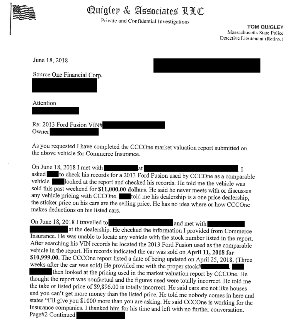 A report by private investigator Tom Quigley. The names of car owners, dealerships and employees are redacted to protect their privacy.