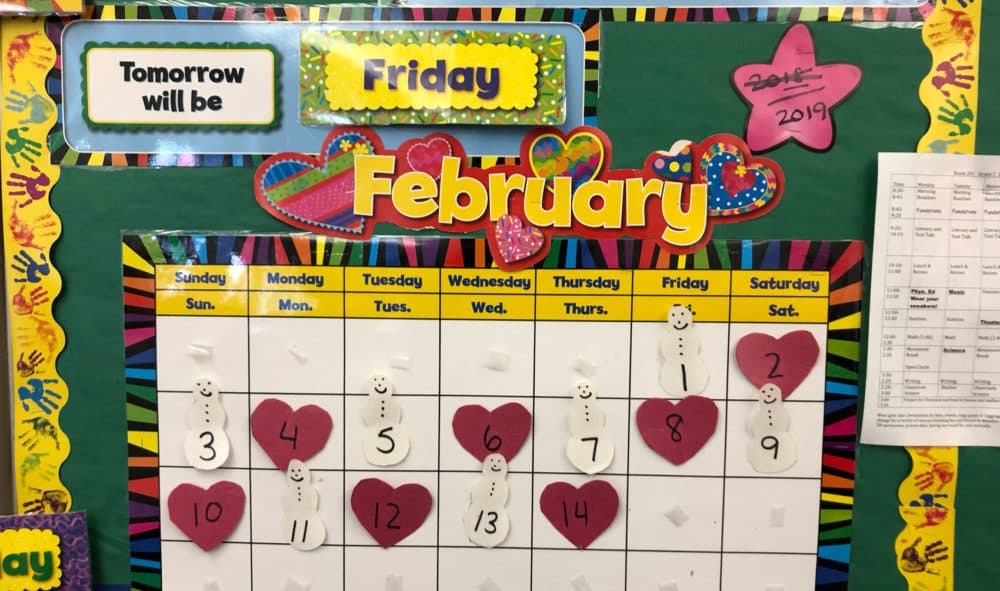 A calendar in Jodi Piazza's classroom at the Edison K-8 School. (Max Larkin/WBUR)