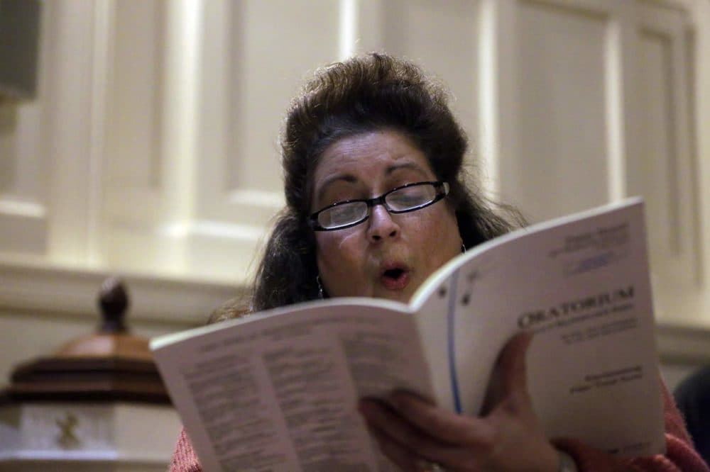 Adrianna Repetto of Melrose sings at a Cappella Clausura rehearsal at the Eliot Church in Newton. (Hadley Green for WBUR)