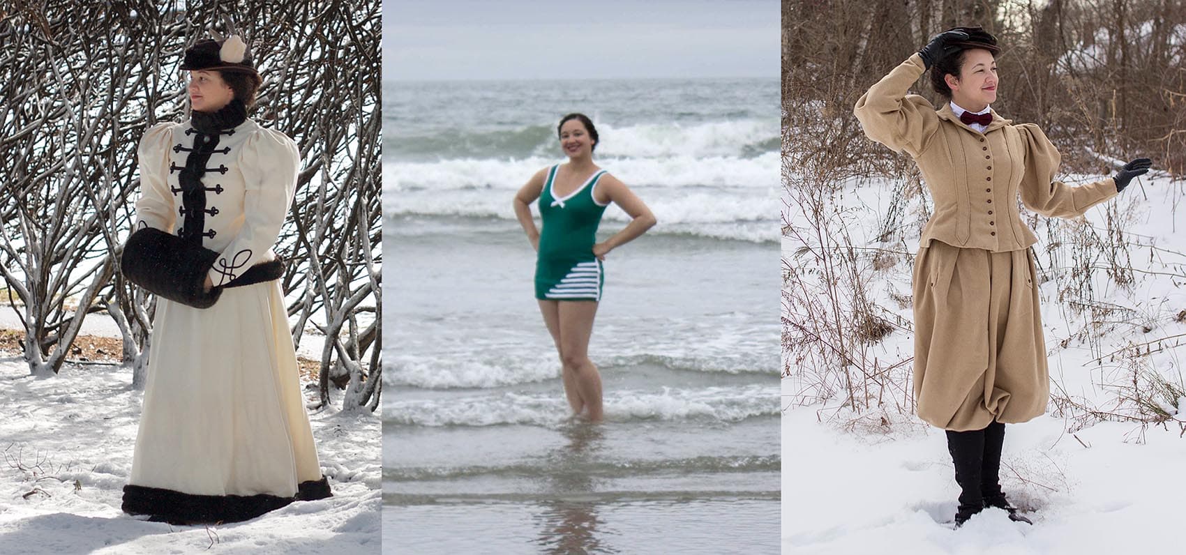 Quinn Burgess models three of her own creations: an 1895 skating ensemble, a 1925 bathing suit and an 1896 cycling ensemble. (Courtesy Chris Broderick and LR Stern.)