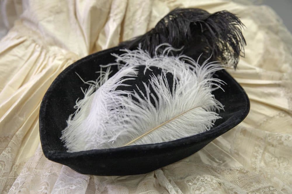 A black velvet hat trimmed with ostrich feathers which Burgess sometimes wears with her skating ensemble. (Robin Lubbock/WBUR)