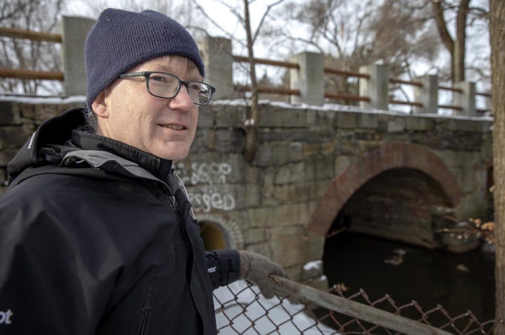Patrick Herron, executive director of the Mystic River Watershed Association, stands by Cambridge's wet weather sewage discharge outfall CAM 002 on Alewife Brook. (Robin Lubbock/WBUR)