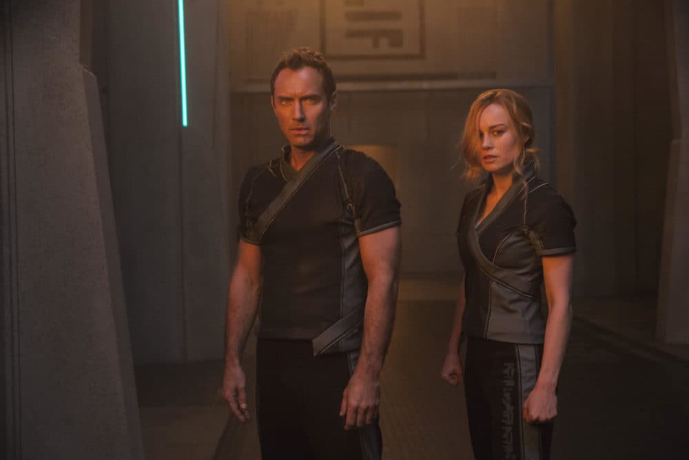 Jude Law as the Leader of Starforce and Brie Larson as Carol Danvers/Captain Marvel in &quot;Captain Marvel.&quot; (Courtesy Chuck Zlotnick/Marvel Studios)