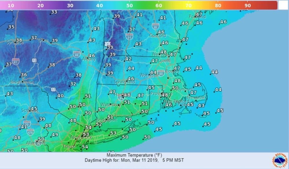 Maximum temperatures will reach the mid- to upper 40s in most of Massachusetts on Monday. (Courtesy National Weather Service)