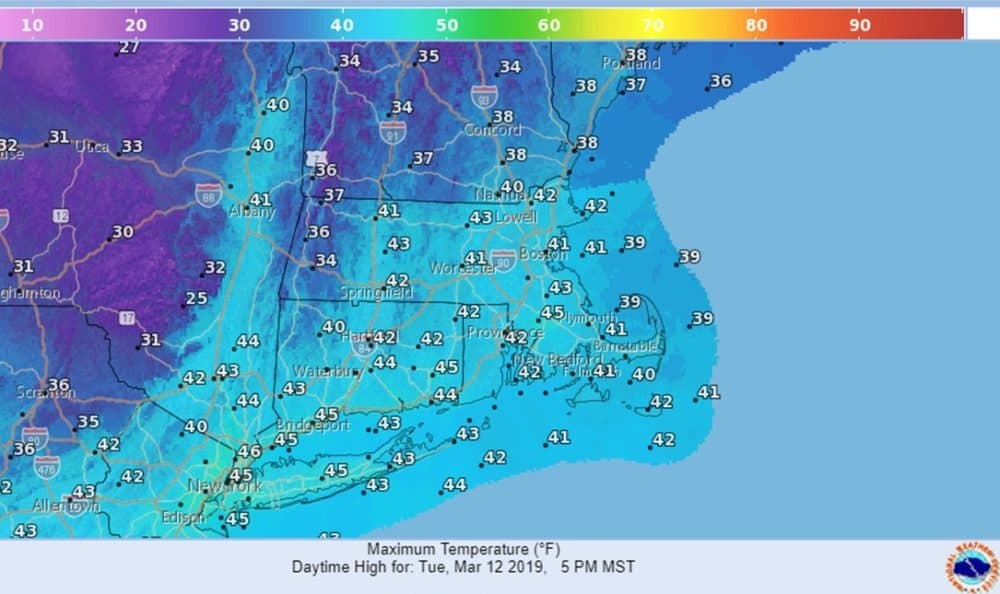 High temperatures won't reach above the lower to mid 40s Tuesday. (Courtesy National Weather Service)