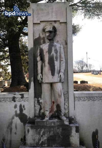 One of the vandalized memorials at Mount Hope Cemetery in Mattapan. (Courtesy Boston Police Department)