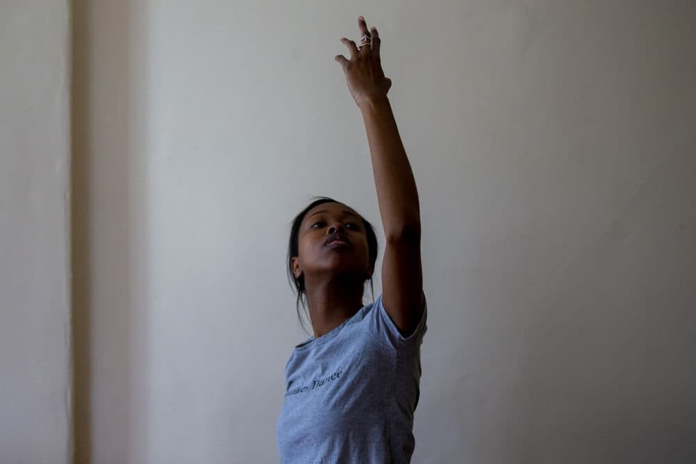 Ellice Patterson dances at her home in Brookline. (Jesse Costa/WBUR)