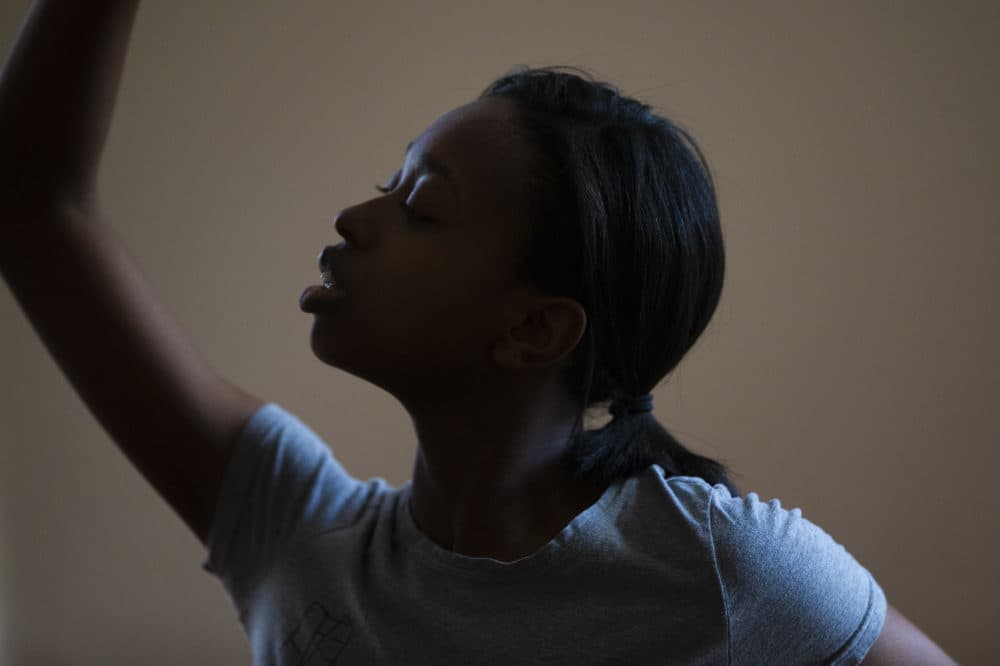 Ellice Patterson dances at her home in Brookline. (Jesse Costa/WBUR)