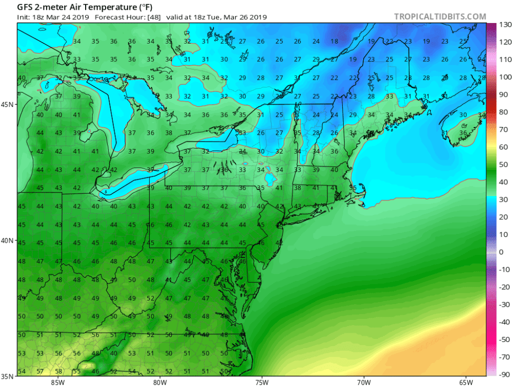 Highs Tuesday will barely reach 40 degrees. (Courtesy Tropical Tidbits)