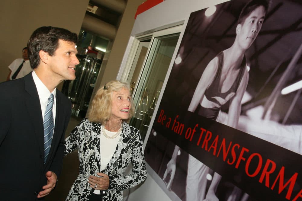 The Chairman of Special Olympics, Timothy P. Shriver, left, and his mother Eunice Kennedy Shriver, who is the founder of the event, look at a poster before the opening ceremony of the Special Olympics in Shanghai on Tuesday October 2, 2007. (Mark Ralston/AP)