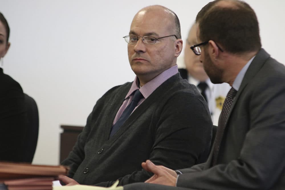 Daniel LaPlante, center, is seen during a 2017 court hearing. LaPlante was convicted of killing a teacher and her two children in 1987. (John Love/The Lowell Sun via AP, Pool)