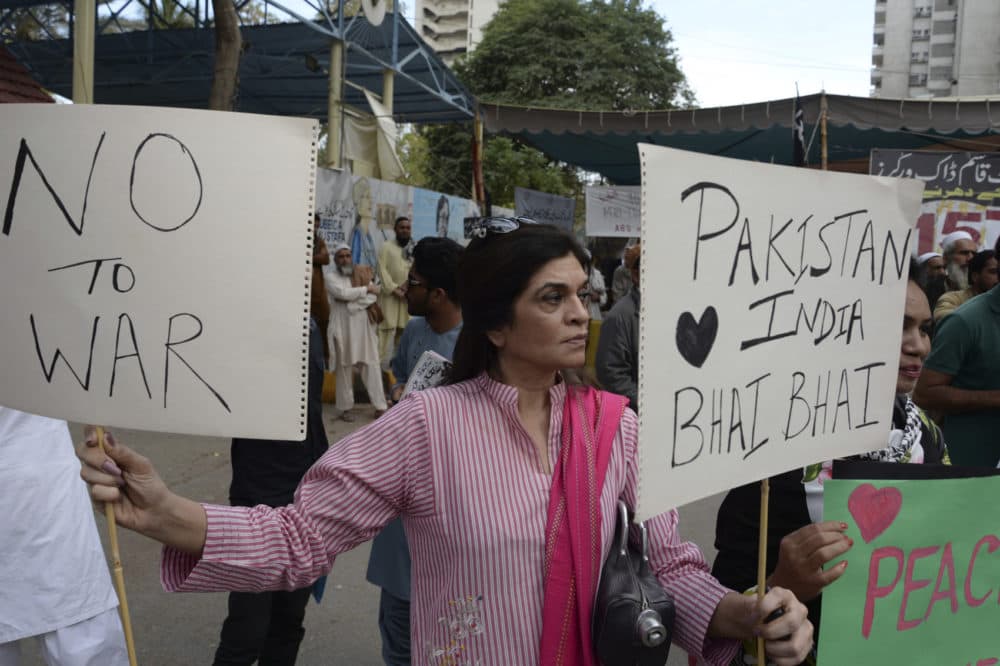 A Pakistani peace activist attends an anti-war rally in Karachi, Pakistan, Thursday, Feb. 28, 2019. (Muhammad Rizwan/AP)