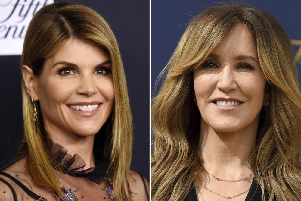 This combination photo shows actress Lori Loughlin at the Women's Cancer Research Fund's An Unforgettable Evening event in Beverly Hills, Calif., on Feb. 27, 2018, left, and actress Felicity Huffman at the 70th Primetime Emmy Awards in Los Angeles on Sept. 17, 2018. (AP Photo)