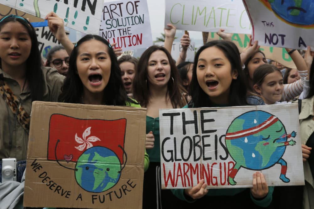 Hundreds of schoolchildren take part in a climate protest in Hong Kong, Friday, March 15, 2019. (Kin Cheung/AP)