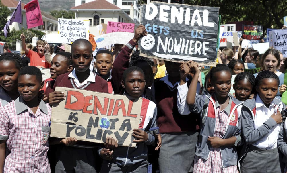 Students in Cape Town, South Africa take part in a protest, Friday, March 15, 2019 as part of a global student strike against government inaction on climate change. (Nasief Manie/AP)