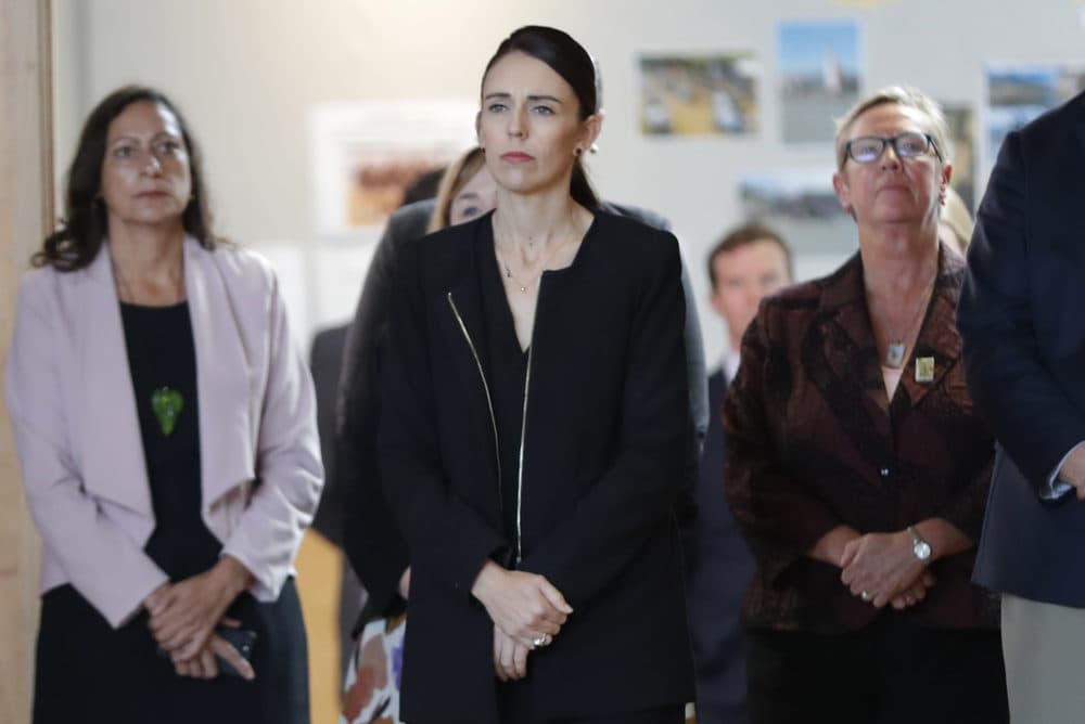 New Zealand's Prime Minister Jacinda Ardern, second from right, arrives during a high school visit in Christchurch, New Zealand, Wednesday, March 20, 2019. (Vincent Thian/AP)