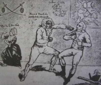 The Chevalier boxing with Col. Hanger in a 1789 London Morning Post cartoon. (Public Domain)