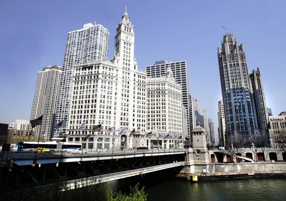 The Wrigley Building, left, and the Tribune Tower, right, flank either side of the Chicago River along Michigan Avenue. (Jeff Haynes/AFP/Getty Images)