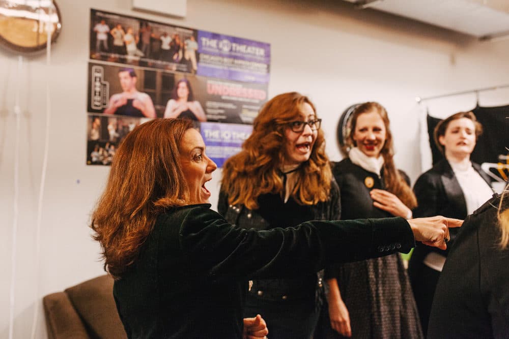 The cast of Improvised Jane Austen warms up in the green room before their performance at the iO theater in Chicago, IL, Feb. 26, 2019. (Danielle Scruggs)