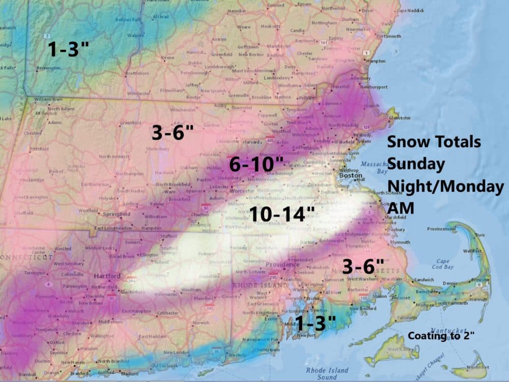 Heavy snow fell overnight and early Monday in a large swatch from Boston to Connecticut. (Dave Epstein/WBUR)