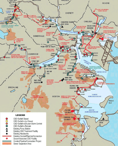 Combined sewer overflows around Boston, as of September 2015 (Courtesy MWRA)