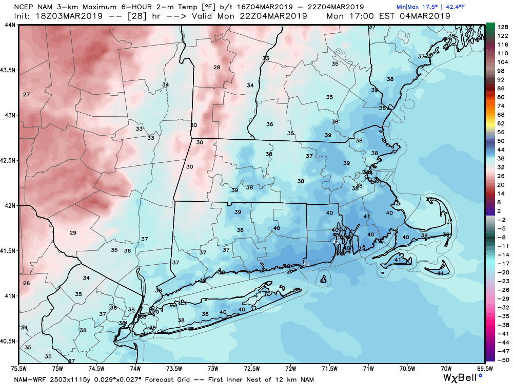 Highs today will reach near or even above 40 for a few hours. (Courtesy WeatherBell)