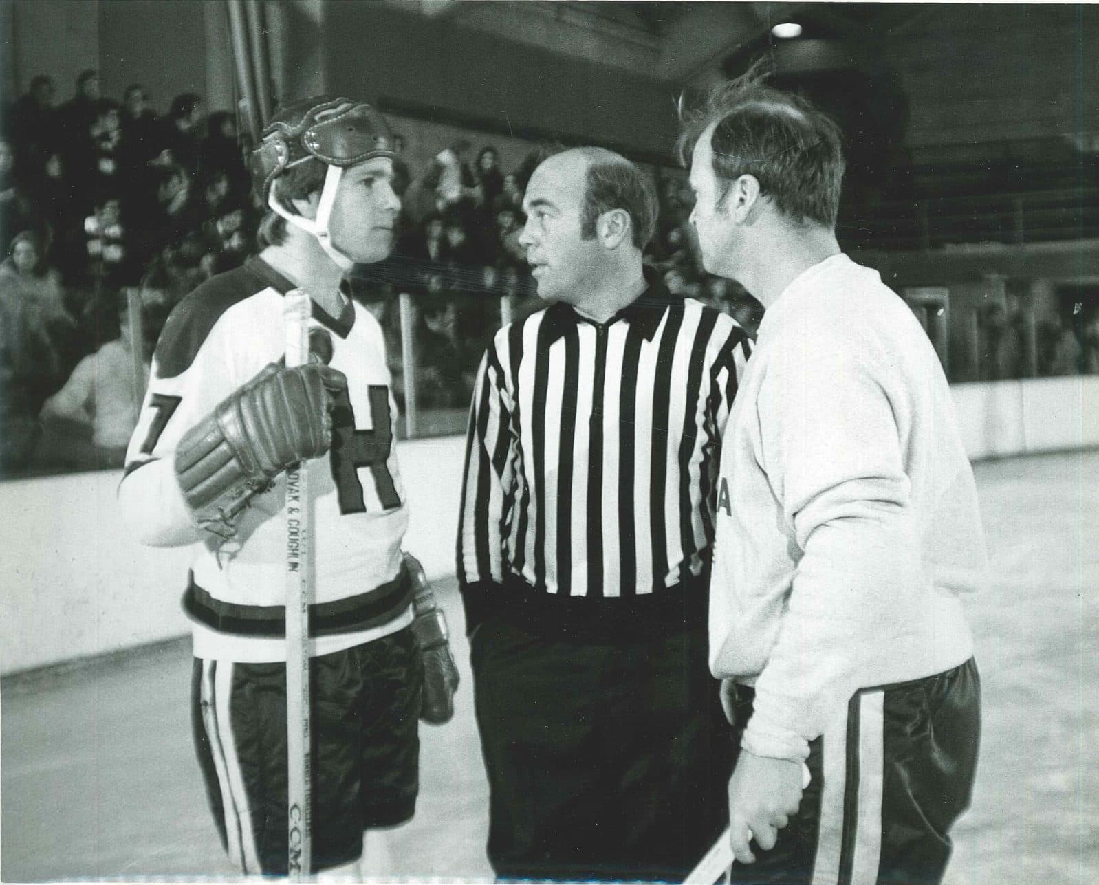Ryan O'Neal (left) on the set of &quot;Love Story&quot;, taking advice (or not) from skating advisers Bob Cleary (in ref's jersey) and his brother, Bill Cleary. (Courtesy Bill Cleary)