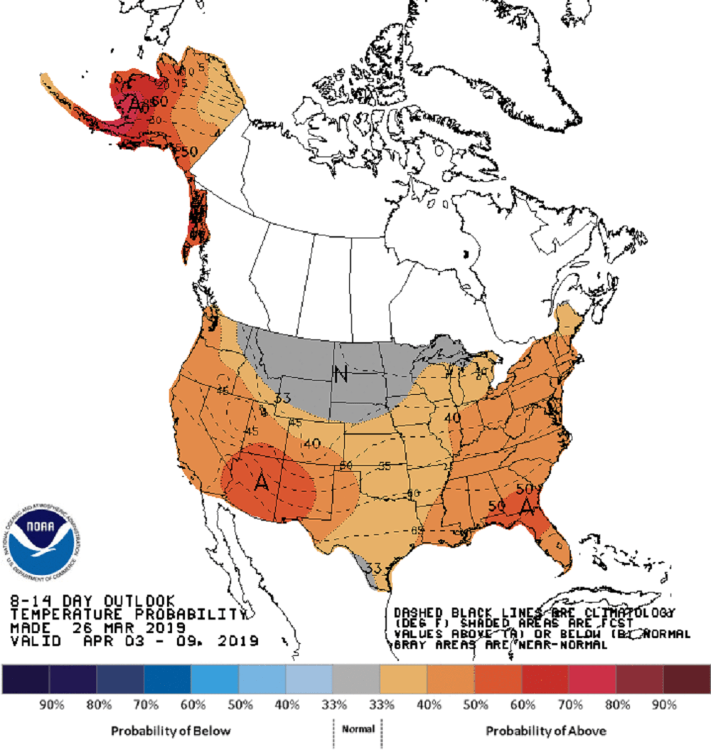 In spite of the recent cooler than average readings, early April is expected to be milder than average overall. (Courtesy NOAA)
