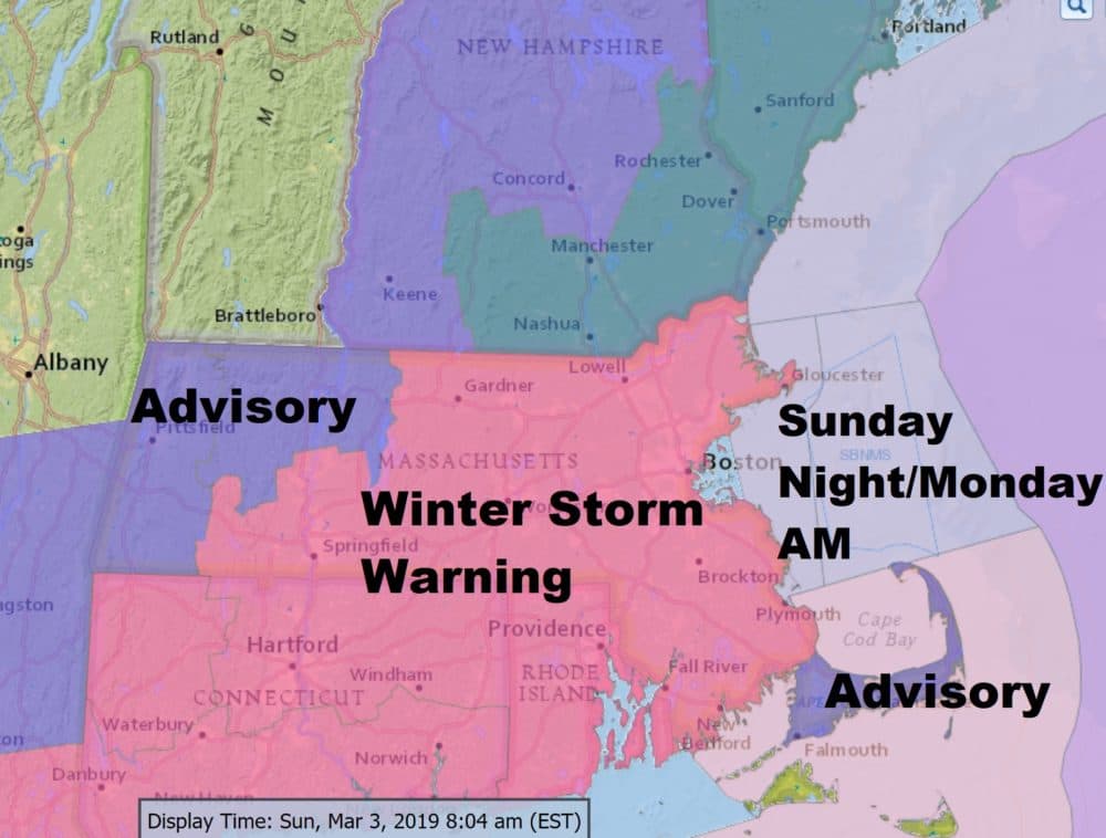 A winter storm warning is posted for Boston and much of the surrounding area including Worcester, Providence and Hartford. (Dave Epstein/WBUR)