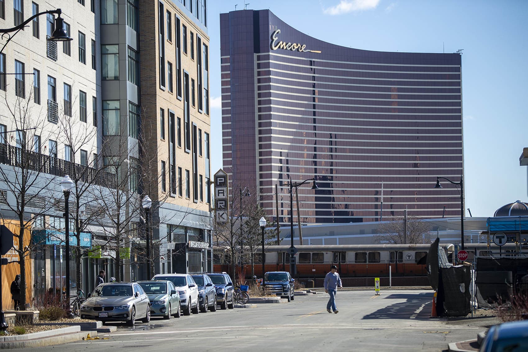 The Encore Boston Harbor casino in Everett is seen from Assembly Row in Somerville. (Jesse Costa/WBUR)
