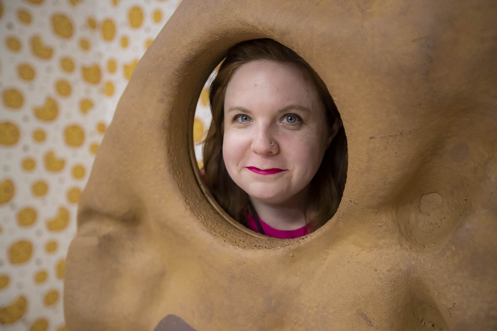 The reporter as a chocolate chip inside a giant cookie. (Jesse Costa/WBUR)