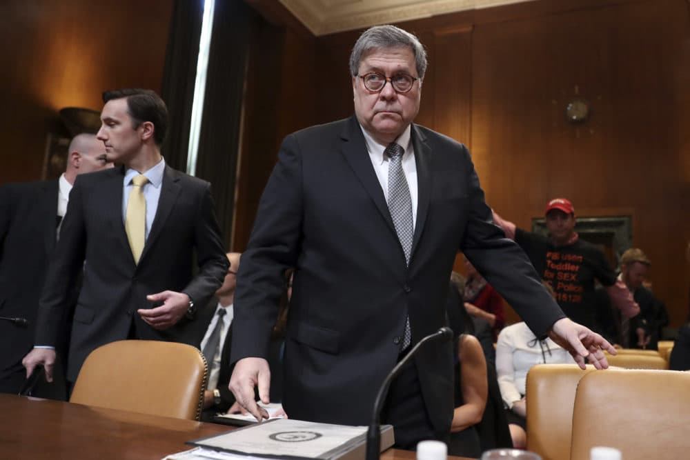 Attorney General William Barr arrives to appear before a Senate Appropriations subcommittee to make his Justice Department budget request on April 10 in Washington. (Andrew Harnik/AP)