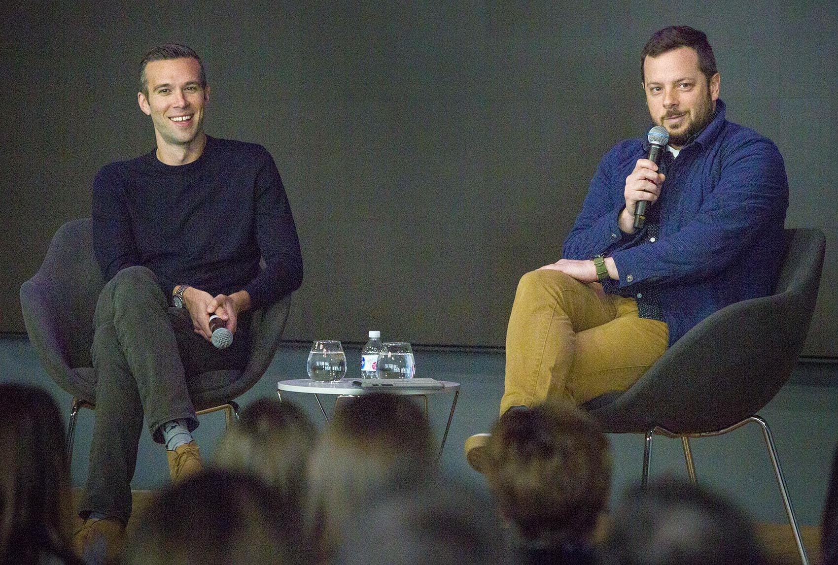 Jon Favreau and Ben Brock Johnson at WBUR’s CitySpace. (Robin Lubbock/WBUR)