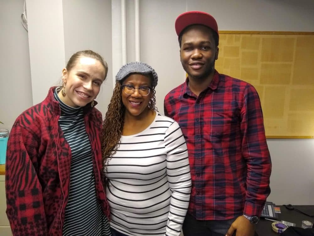 Patrice Williamson (center) and two of her voice students at Berklee College of Music, Kate Thorne (on the left) and Oluwatomisin Ade-kolawole (on the right). (Adeline Sire for WBUR)
