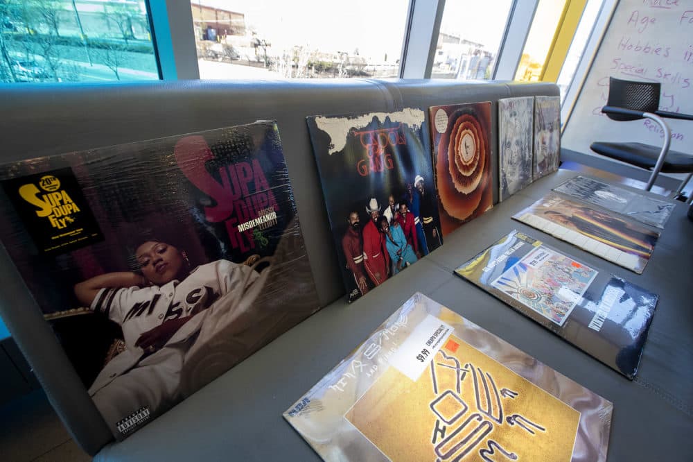 A sample of hip-hop records for students to see. (Jesse Costa/WBUR)
